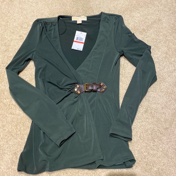Michael Kors Women's Glen Plaid Long Sleeves Top Green Size Petite Small